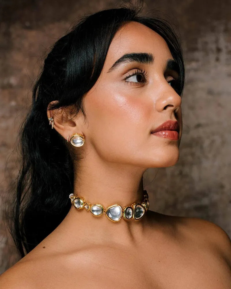 Golden Polki Kundan Stud Earrings