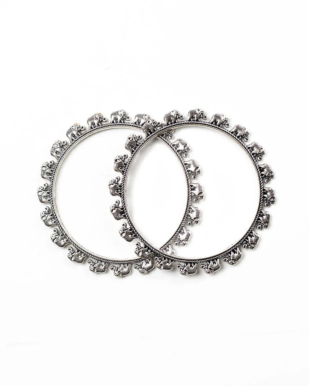 Pair of oxidised silver round bangles with decorative elephants