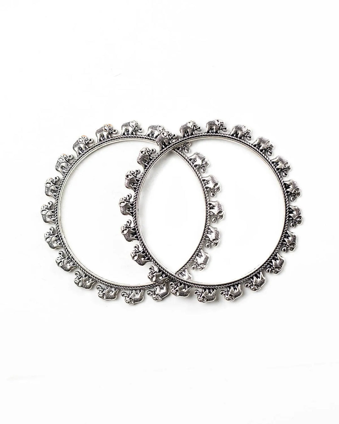 Pair of oxidised silver round bangles with decorative elephants